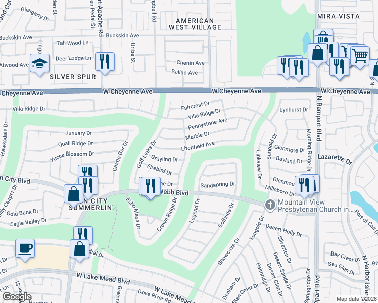 map of restaurants, bars, coffee shops, grocery stores, and more near 2924 Crown Ridge Drive in Las Vegas