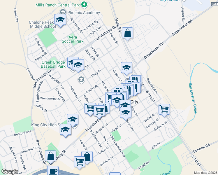 map of restaurants, bars, coffee shops, grocery stores, and more near 315A North Vanderhurst Avenue in King City