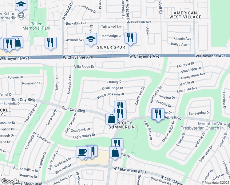 map of restaurants, bars, coffee shops, grocery stores, and more near 9400 Yucca Blossom Drive in Las Vegas