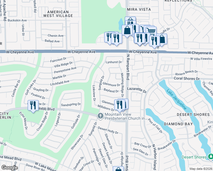 map of restaurants, bars, coffee shops, grocery stores, and more near 8605 Glenmore Drive in Las Vegas