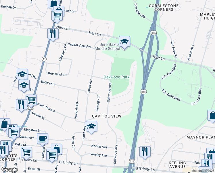 map of restaurants, bars, coffee shops, grocery stores, and more near 2704 Oakwood Ave in Nashville