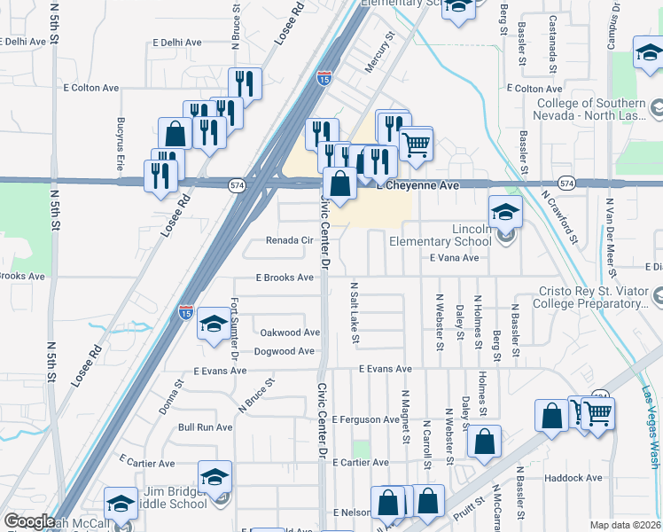 map of restaurants, bars, coffee shops, grocery stores, and more near 3009 Saint George Street in North Las Vegas