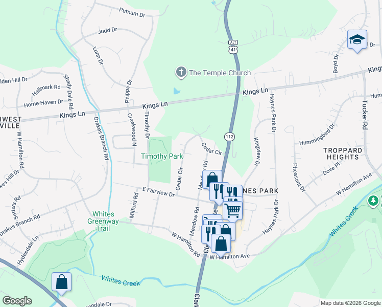 map of restaurants, bars, coffee shops, grocery stores, and more near 4030 Cedar Cir in Nashville