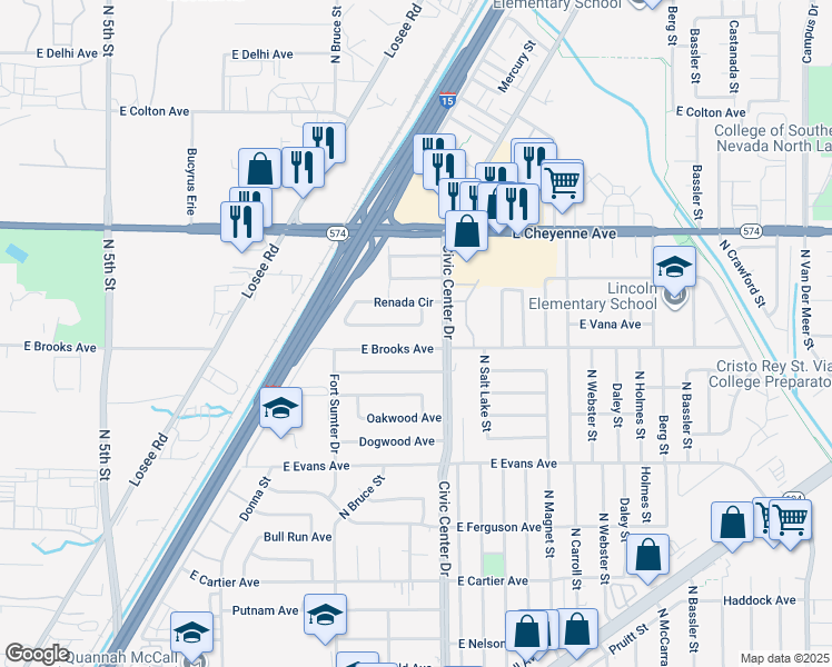 map of restaurants, bars, coffee shops, grocery stores, and more near in North Las Vegas