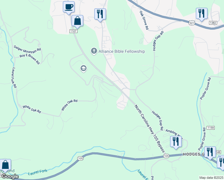 map of restaurants, bars, coffee shops, grocery stores, and more near 221 Knowles Haven Lane in Boone