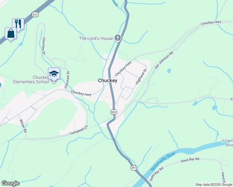 map of restaurants, bars, coffee shops, grocery stores, and more near 1033 Chuckey Pike in Chuckey