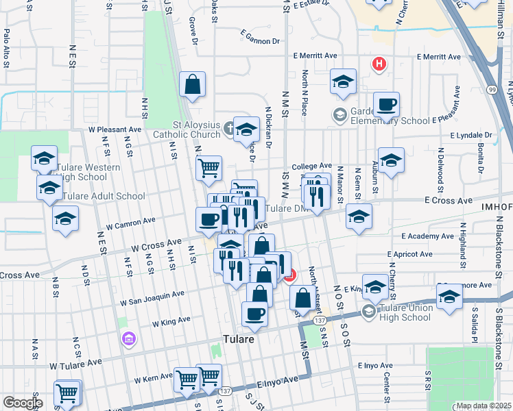 map of restaurants, bars, coffee shops, grocery stores, and more near 513 Welch Drive in Tulare