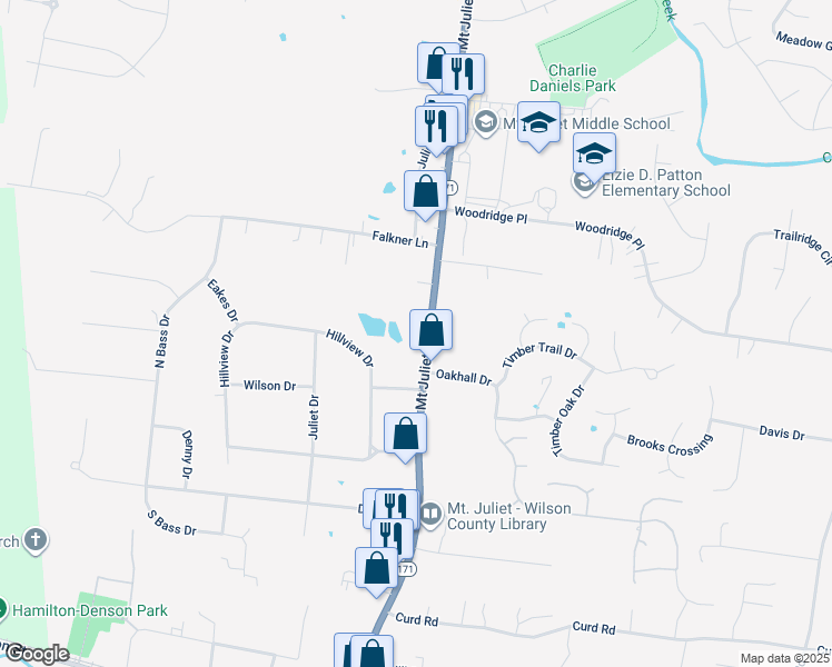 map of restaurants, bars, coffee shops, grocery stores, and more near 3152 North Mount Juliet Road in Mt. Juliet