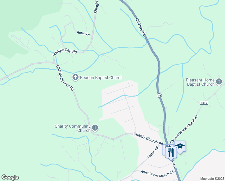 map of restaurants, bars, coffee shops, grocery stores, and more near 164 Springview Drive in Millers Creek