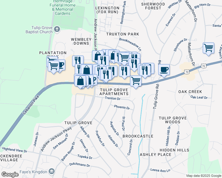 map of restaurants, bars, coffee shops, grocery stores, and more near 4701 Lebanon Pike in Nashville