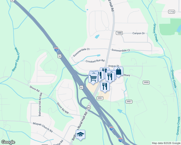 map of restaurants, bars, coffee shops, grocery stores, and more near 758 Hallmark Drive in Rural Hall
