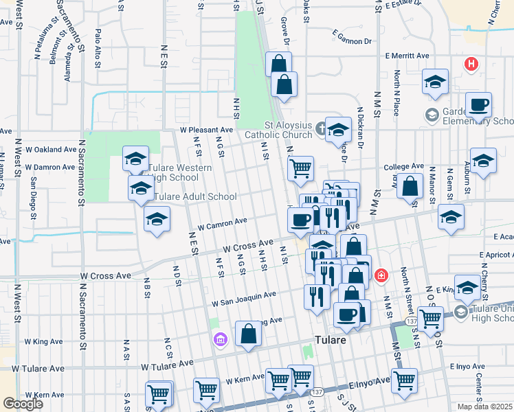 map of restaurants, bars, coffee shops, grocery stores, and more near 624 North H Street in Tulare