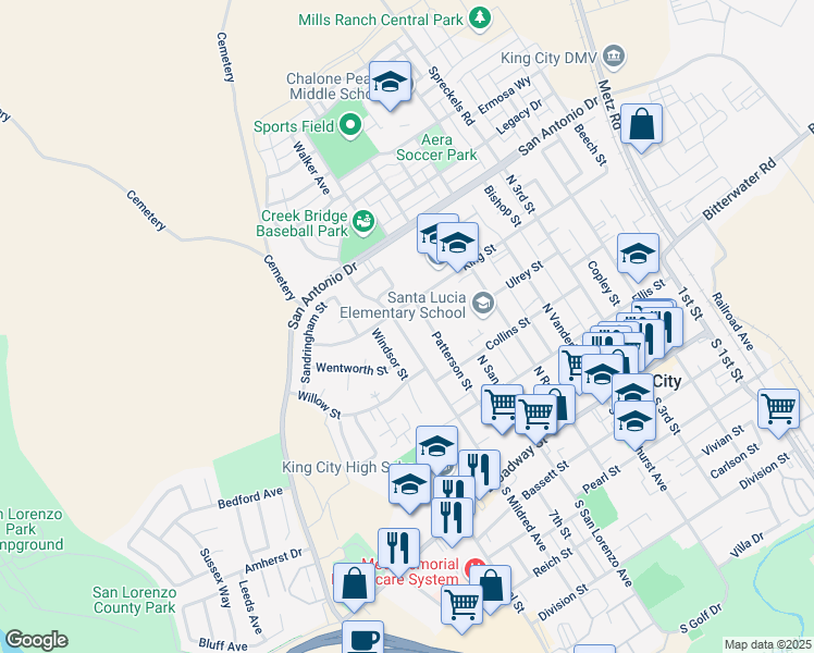 map of restaurants, bars, coffee shops, grocery stores, and more near 514 North Mildred Avenue in King City
