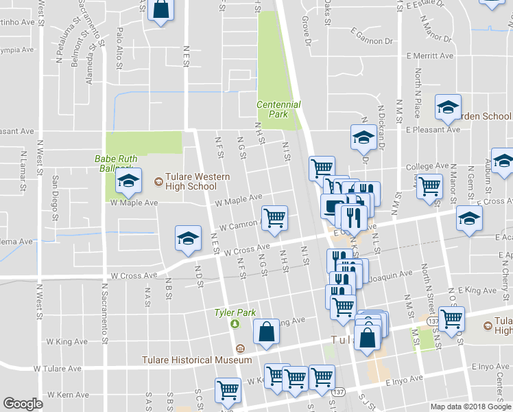 map of restaurants, bars, coffee shops, grocery stores, and more near 640 North G Street in Tulare