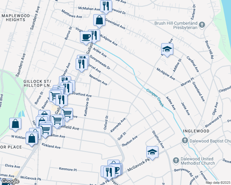 map of restaurants, bars, coffee shops, grocery stores, and more near 3804 Oxford Street in Nashville