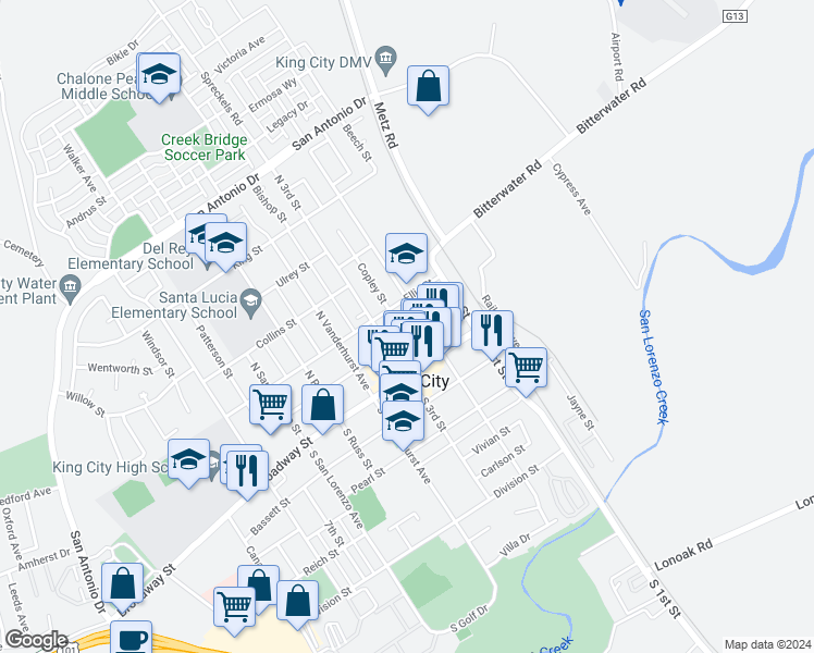map of restaurants, bars, coffee shops, grocery stores, and more near 212 Lynn Street in King City
