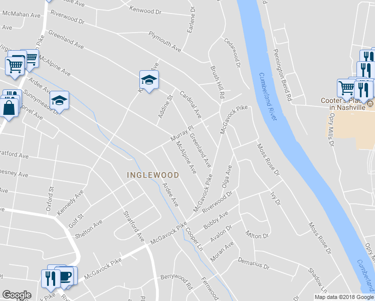map of restaurants, bars, coffee shops, grocery stores, and more near 1415 McAlpine Avenue in Nashville