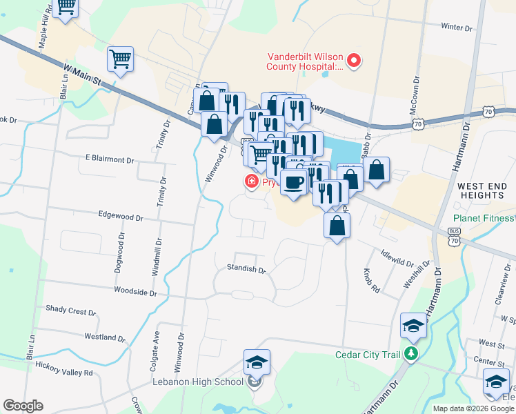 map of restaurants, bars, coffee shops, grocery stores, and more near 511 Rollingwood Drive in Lebanon