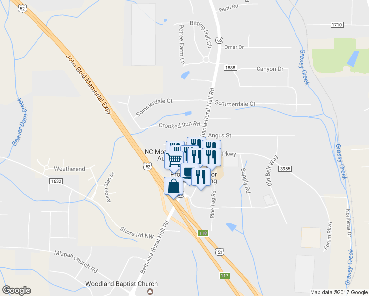 map of restaurants, bars, coffee shops, grocery stores, and more near 726 Hallmark Drive in Rural Hall