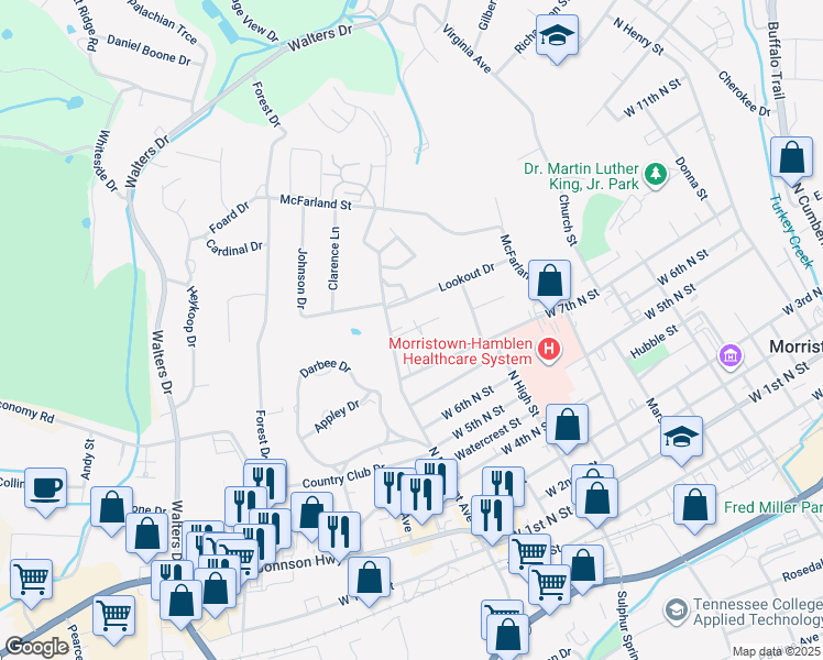 map of restaurants, bars, coffee shops, grocery stores, and more near 1215 McConnell Street in Morristown