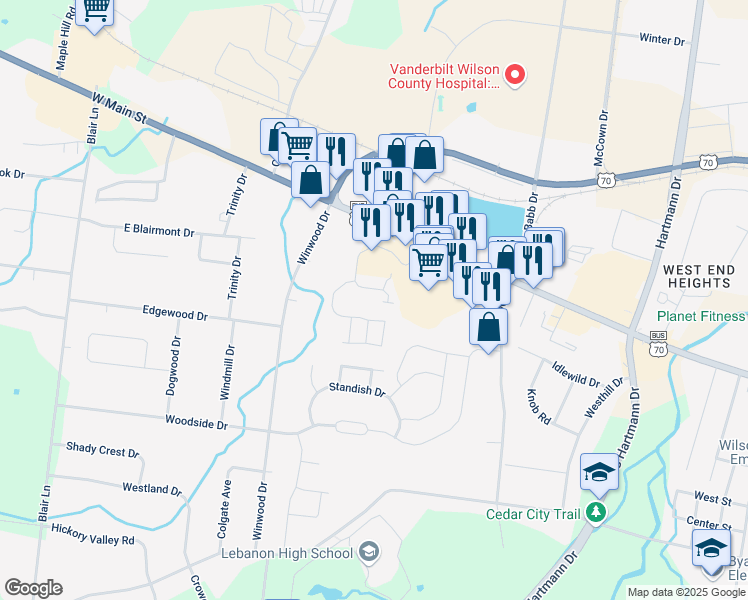map of restaurants, bars, coffee shops, grocery stores, and more near 511 Rollingwood Drive in Lebanon