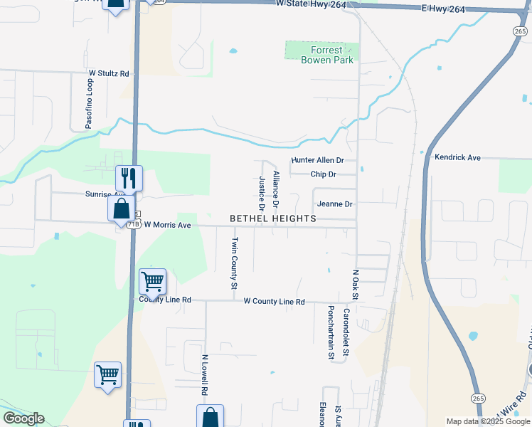 map of restaurants, bars, coffee shops, grocery stores, and more near 3357 Justice Drive in Bethel Heights