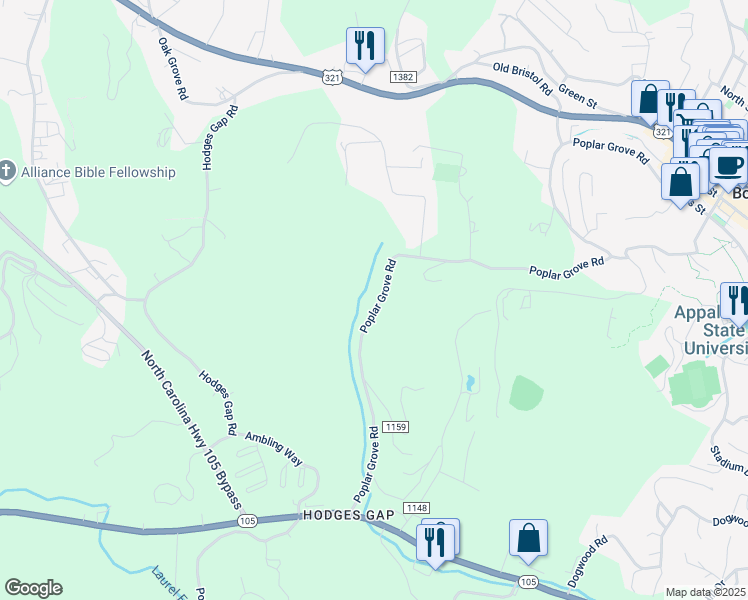 map of restaurants, bars, coffee shops, grocery stores, and more near 1374 Poplar Grove Road in Boone
