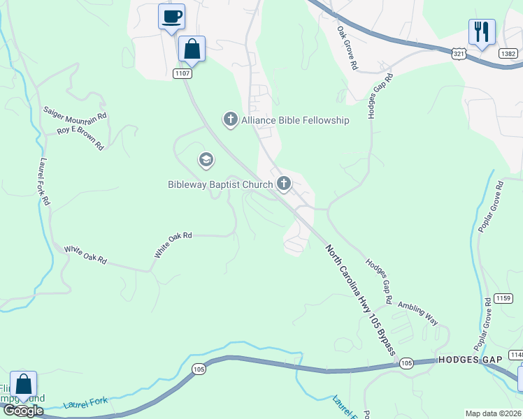 map of restaurants, bars, coffee shops, grocery stores, and more near 182 Knowles Haven Lane in Boone