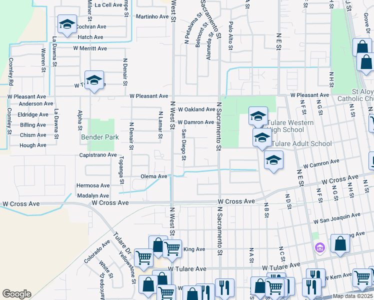 map of restaurants, bars, coffee shops, grocery stores, and more near 660 San Diego Street in Tulare