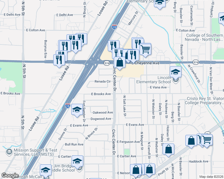 map of restaurants, bars, coffee shops, grocery stores, and more near 3009 Civic Center Drive in North Las Vegas