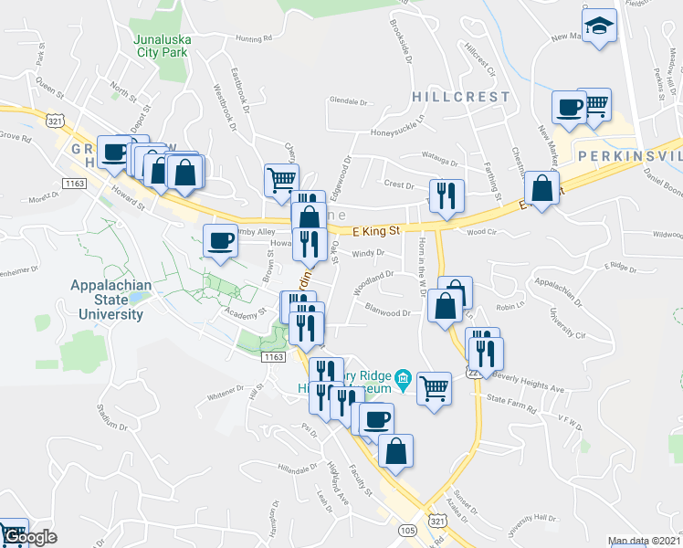map of restaurants, bars, coffee shops, grocery stores, and more near 221 Oak Street in Boone