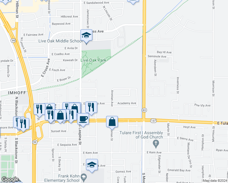 map of restaurants, bars, coffee shops, grocery stores, and more near 1901 Eastgate Avenue in Tulare