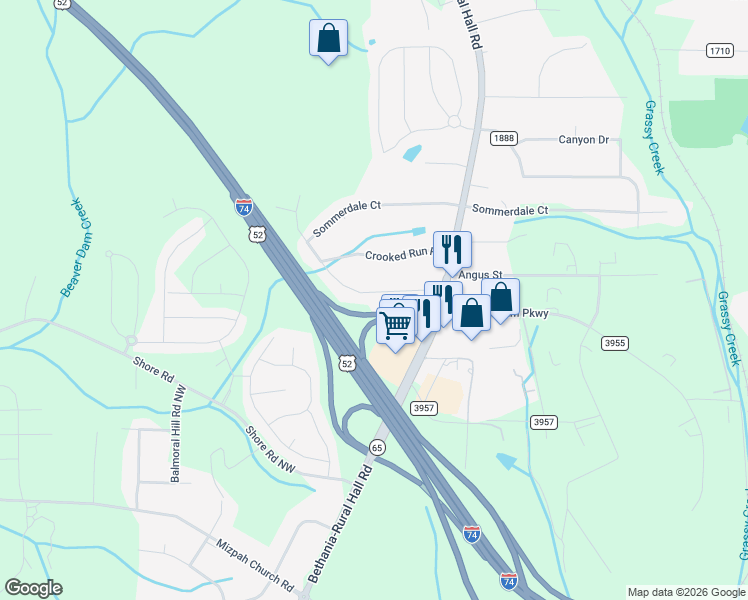 map of restaurants, bars, coffee shops, grocery stores, and more near 758 Hallmark Drive in Rural Hall