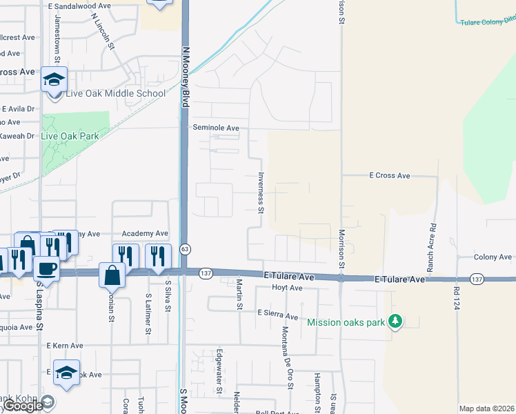 map of restaurants, bars, coffee shops, grocery stores, and more near 2624 Riviera Ct in Tulare