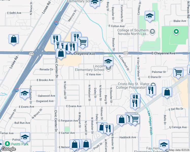 map of restaurants, bars, coffee shops, grocery stores, and more near 2605 East Vana Avenue in North Las Vegas