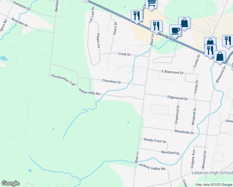 map of restaurants, bars, coffee shops, grocery stores, and more near 1717 Indian Hills Road in Lebanon