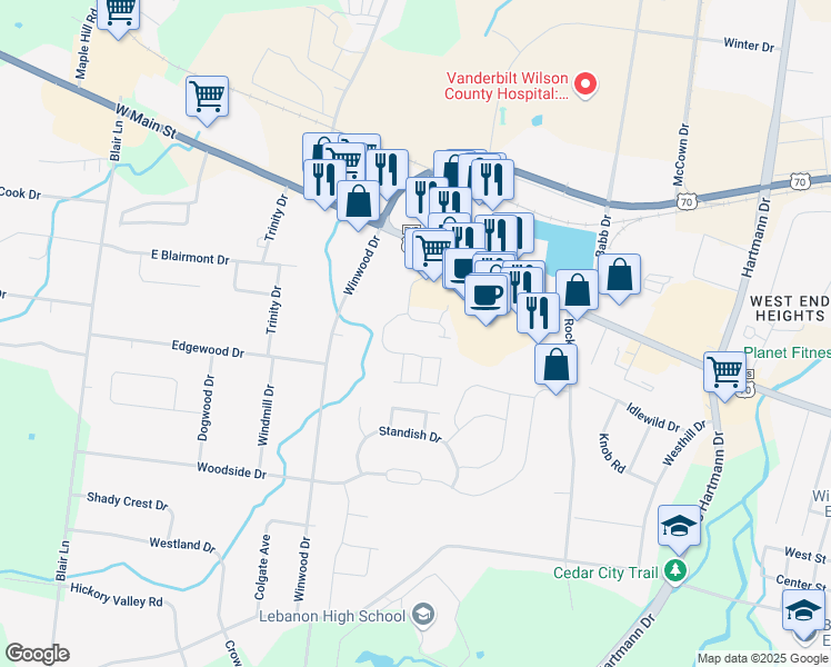 map of restaurants, bars, coffee shops, grocery stores, and more near 200 Signature Place in Lebanon