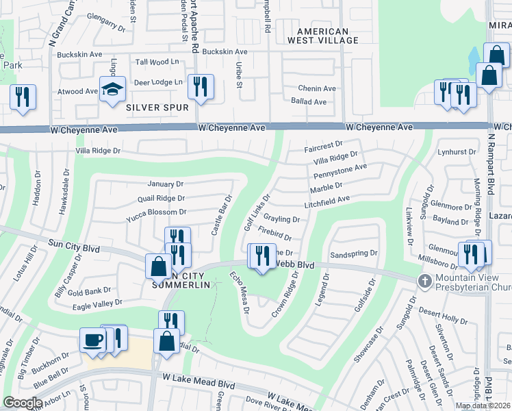 map of restaurants, bars, coffee shops, grocery stores, and more near 2917 Golf Links Drive in Las Vegas