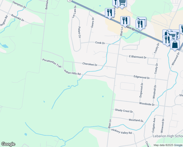 map of restaurants, bars, coffee shops, grocery stores, and more near 1719 Indian Hills Road in Lebanon