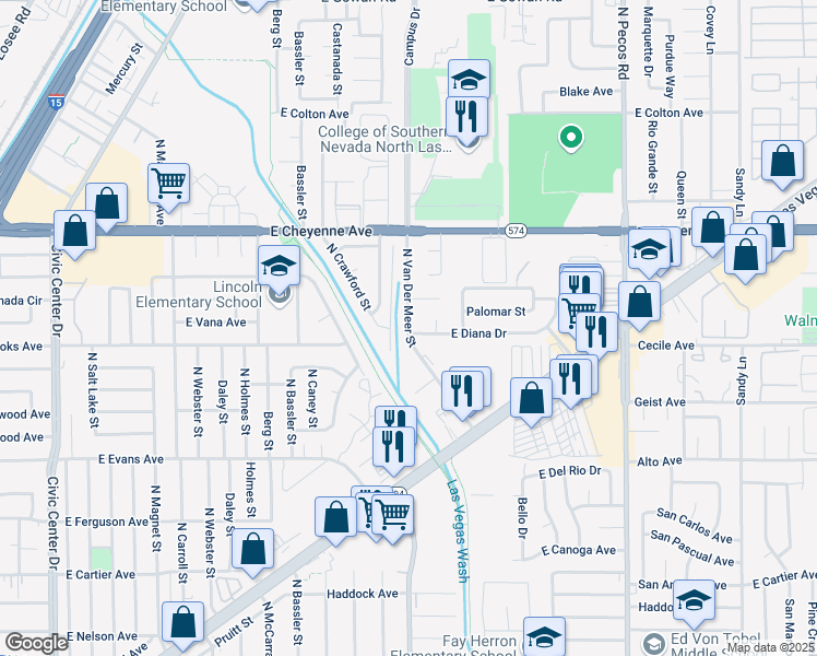 map of restaurants, bars, coffee shops, grocery stores, and more near 3012 North Van Der Meer Street in North Las Vegas