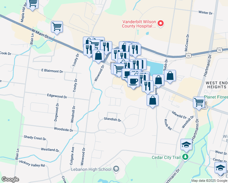 map of restaurants, bars, coffee shops, grocery stores, and more near 200 Signature Place in Lebanon