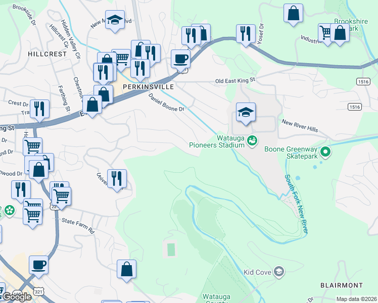 map of restaurants, bars, coffee shops, grocery stores, and more near 753 Forest Hill Dr in Boone