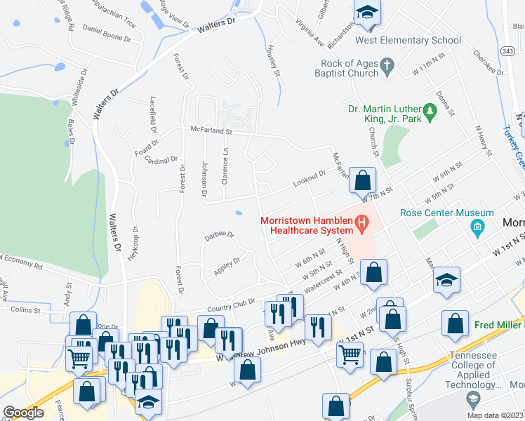 map of restaurants, bars, coffee shops, grocery stores, and more near 1008 North Fairmont Avenue in Morristown