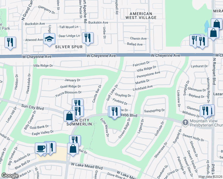 map of restaurants, bars, coffee shops, grocery stores, and more near 2917 Golf Links Drive in Las Vegas