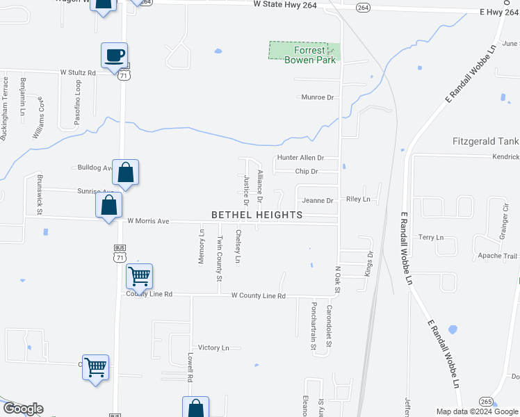 map of restaurants, bars, coffee shops, grocery stores, and more near 3382 Alliance Drive in Springdale
