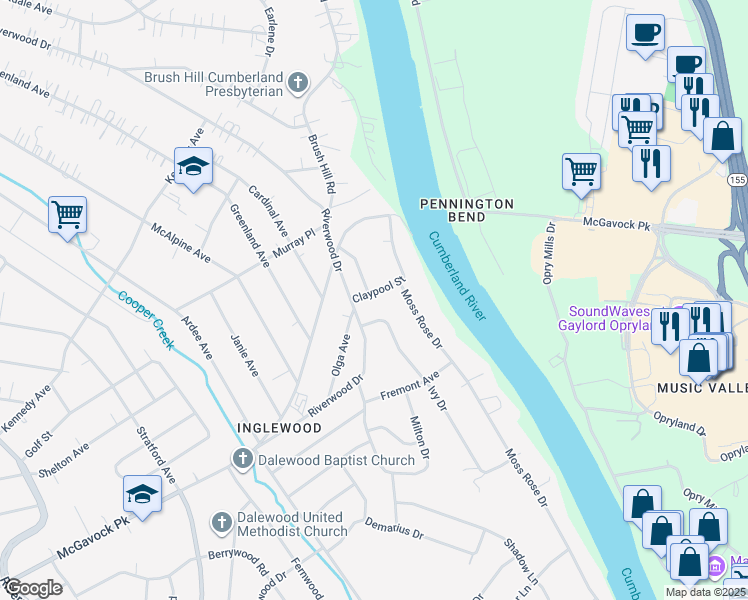 map of restaurants, bars, coffee shops, grocery stores, and more near 2400 Claypool Street in Nashville