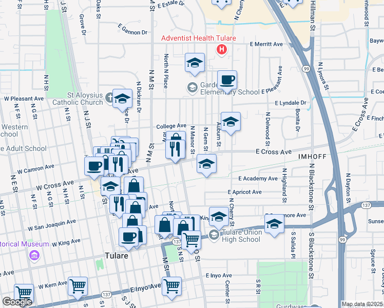 map of restaurants, bars, coffee shops, grocery stores, and more near 507 North Manor Street in Tulare