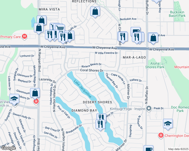 map of restaurants, bars, coffee shops, grocery stores, and more near 8101 Bay Harbor Drive in Las Vegas