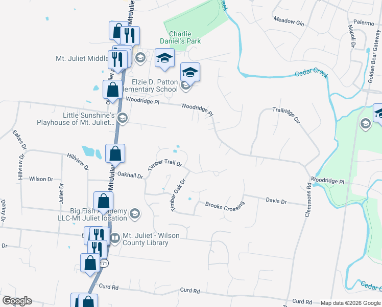 map of restaurants, bars, coffee shops, grocery stores, and more near 6010 Mountview Drive in Mount Juliet