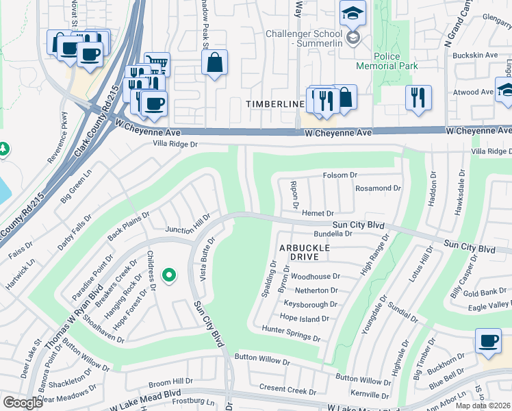 map of restaurants, bars, coffee shops, grocery stores, and more near 3004 Highland Falls Drive in Las Vegas